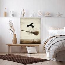 2D Flat Printing, 1pc, A Cute Cartoon Ghost Wearing A Witch Hat Flying Happily On A Broomstick Against A Misty Sky With A Distant Horizon Line Creating A Whimsical And Friendly Mystical Scene, Canvas Wall Art For Living Room, Bathroom Wall Art Bedroom Framed Wall Art Poster Art Prints Ready To Hang Pictures Home Decorations Wall Decor For Office