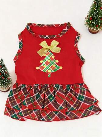 Pet Cat Dog Christmas Dress, Christmas Tree Plaid Skirt, Outdoor Outfit For Small Cats And Dogs
