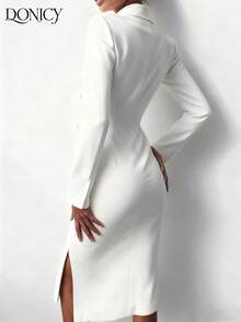 DONICY Damen Herbst/Winter Bekleidung Zweireihiger einfarbiger eleganter weißer Blazer, modischer langer Knopfmantel für den Herbst