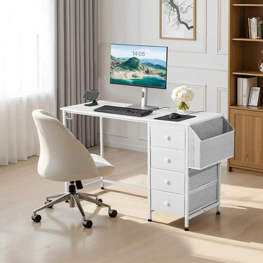 Computer Desk With Fabric Drawers, 47 Inch Reversible Study Work Writing Desk For Modern Home Office Bedroom, Simple Cute PC Table Metal Frame Business Furniture, White - 47-inch with Drawers (4 drawers) - 查看 1