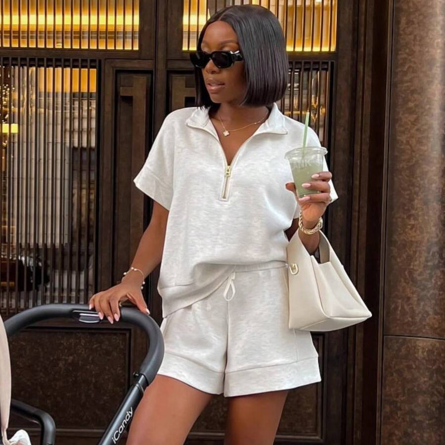 Europäische und amerikanische neue Damenmode Kurzarm Reißverschluss Umlegekragen Oberteil lässige Krawatte Shorts Damen afrikanische Mode Plus Size Zweiteiler - Weiss - Übersicht 1