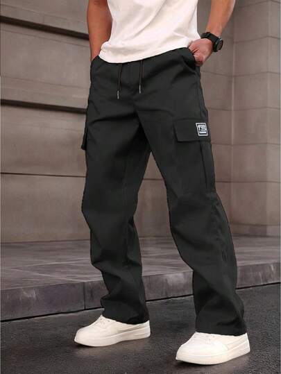 Pantalones cargo de moda para hombres, pierna recta, cintura elástica, corte holgado, unicolor, logotipo bordado en un solo lado, pantalones largos, otoño