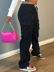 WGXWGX Plus-Size Women's Casual And Versatile Black Cargo Jeans With Side Pockets, Elastic Waistband, Drawstring, Loose Straight Leg, Non-Stretch, Machine Washable, Suitable For Everyday Wear, Commuting, And Work. - màu đen - Xem 6