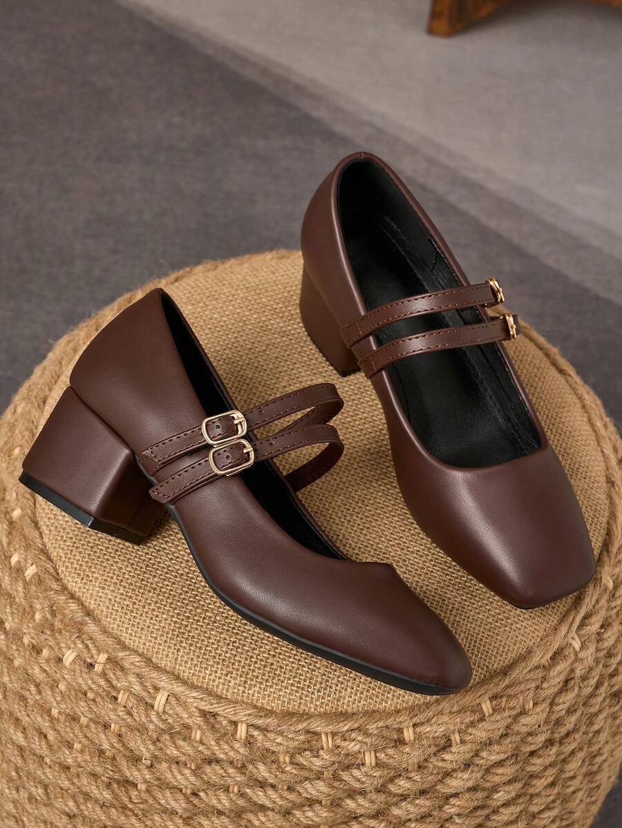 MonaNise 5cm Cloth Covered Heel Women's Fashion Metal Coffee Brown Mary Jane Low Chunky Heel Dress Shoes - Coffee Brown - View 1