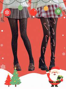 1双女士黑色圣诞长袜，加厚秋冬款，季节性蕾丝拼接雪人雪花图案，圣诞糖果棒图案，红色透气袜底，Y2K性感黑色丝绸节日派对趣味风格连裤袜，紧身袜 - 黑色 - 查看 2