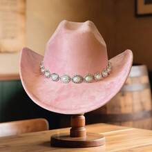 Women's Felt Cowgirl Hat Wide Brim Jazz Cap Stylish Pearl Chain Design Western Hat For Daily Life  Party - 粉色 - 查看 5