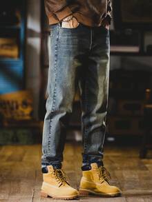 Distressed Dark Denim Jeans Long-Length Washed Workwear Pants Gift For Husband/Boyfriend Men's Jeans Office/Outings/Work/Vacation/Urban/Garbage Rock Style Christmas Gifts For My Husband & Father Vaqueros Para Hombre - (30L) Hải quân - Xem 5
