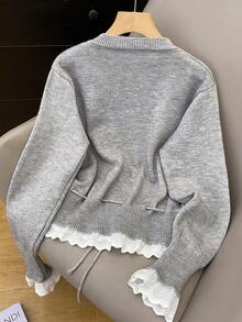 JIANHU 抽绳腰带开衫，秋冬圆领纽扣开衫，蕾丝荷叶边下摆，舒适休闲，适合咖啡约会和圣诞派对，保暖百搭，也适合圣诞节、新年派对和日常穿着。 - 灰色 - 查看 3