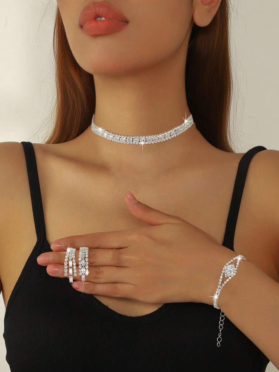4件套时尚百搭首饰套装：项链、耳环、手链、戒指，适合节日、婚礼和日常佩戴 - 白色 - 查看 1