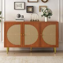 Sideboard With 3 Rattan Verzierten Türen Kommode Highboard Mit Metallgriffe, Für Schlafzimmer & Wohnräume & Büro, Nussbaum 129.8x 40x 76cm - 紅木色 - 查看 3