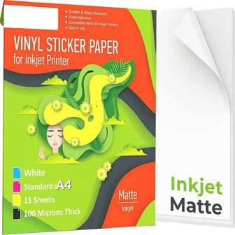 Bläckstråleskrivbart vinylklistermärkespapper - Mattvitt - 15 ark självhäftande papper - Vattentätt dekalpapper - Standard A4-storlek 21 cm x 29,7 cm