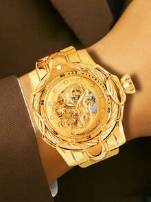 1pc Men's Dragon Embossed Automatic Mechanical Watch, Gold Hollow Dial, Rhinestone Scales, Powerful Business Luxury Wristwatch