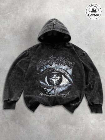 Winter Street Eye Pattern Hoodie Top, Slightly Stretchy Fitted Washed Fleece Cotton Blend Black Pullover Long Sleeve Sweatshirt, Casual Daily Back To School Season Hooded Sweatshirt