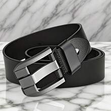 Men's Genuine Leather Belt With Alloy Buckle, Cowhide Belt - Fashionable Black Design, Medium Width Business Casual Waist Belt, Sweatproof Technology, Suitable For All Seasons, Sports Jeans Accessory|Modern Buckle Design|Durable Alloy Buckle - Khóa màu đen và bạc - Xem 3