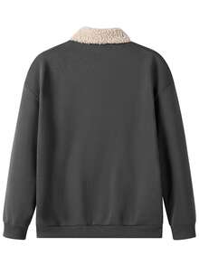 Camvyn Nuevo sudadera con cuello de sherpa de retazos para hombre, de moda casual, para otoño/invierno - Gris Oscuro - Ver 2