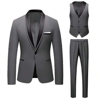 3-Piece Men Business Slim Fit Shawl Lapel One-Button Blazer Suit With Matching Vest And Pants Groom's Wedding Dress And The Best Man's Dress Suit