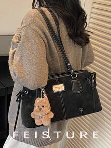 1 pieza de bolso de hombro vintage FEISTURE de gran capacidad, de material PU, estilo bolera, para mujer, ideal para ir al trabajo o a la escuela. Incluye un accesorio de regalo al seguirnos en la tienda. - Negro - Ver 3
