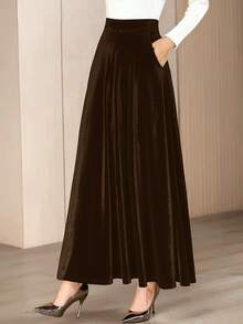 Women's Elegant Velvet A-Line Skirt, Autumn/Winter - Brown - View 5