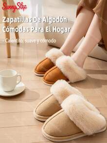 1 par zapatillas de casa para damas, diseño básico y minimalista, versátil y con ribete de pelo, perfectas para invierno, dormitorio y escenas de hogar - Caqui - Ver 3