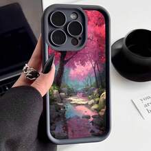 Cubierta de teléfono con borde negro diseño de bosque con flores rosadas y arroyo paisaje mágico para uso diario y viajes - Burdeos - Ver 3