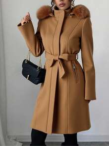 Abrigo largo con capucha para mujer, clásico y elegante, cuello con capucha y peluche desmontables. Manga larga. Tela de poliéster, interior forrado, cálido y agradable, apto para temporadas de otoño e invierno. Bolsillos frontales funcionales con cierre metálico. Ajuste con cierre metálico y cinturón de tela. - Café integral - Ver 4