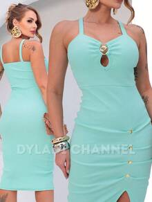 Midi Dress In Ribbed Cotton With Elastic Button, Side Slit, And Stylish For Summer. Women's Fashion. - Baby Green - View 2