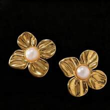 1 Pair Asymmetrical French Pearl Stud Earrings, Stainless Steel Titanium Flower & Shell Pearl Earrings Jewelry For Women