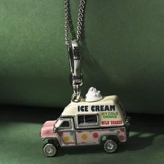 1件时尚珐琅冰淇淋车吊坠项链，手工绘制精致钥匙扣，适合女性日常佩戴