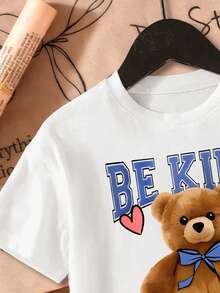 少女标语卡通熊印花短袖休闲圆领T恤 - 白色 - 查看 4
