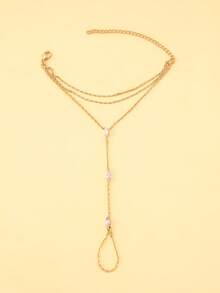 1 pieza Cadena de dedo multicapa con rhinestones, cadena de mano de moda para mujer para uso diario y fiestas, accesorio minimalista y único - Dorado - Ver 2