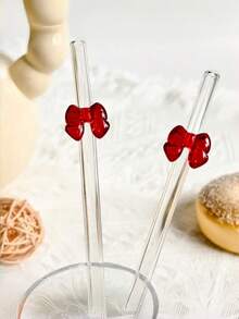 1/2支装可重复使用弯玻璃吸管，饰有红色蝴蝶结，适用于鸡尾酒、珍珠奶茶、派对装饰——情人节、生日、送朋友的礼物 - 紅色 - 查看 7