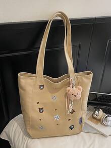 女士大容量帆布手提包，新款通勤单肩包，适合大学生，带吊坠装饰 - 彩色 - 查看 15