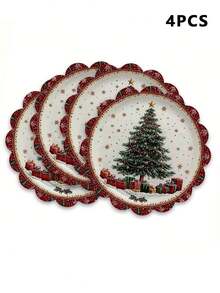 1/4 piezas Manteles individuales redondos de lino, con estampado de árbol de Navidad, copos de nieve, regalos, adecuados para decoración de cocina y comedor