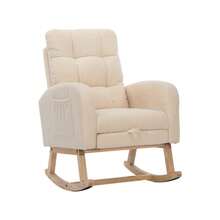 Teddy-Samt-Schaukelstuhl, Beige Sessel, Gestell Aus Massivholz, Metallfüße Mit Versteckten Beinstützen, Hohe Schaumstoffpolsterung, Für Wohnzimmer, Schlafzimmer, Kinderzimmer - Apricot - View 8