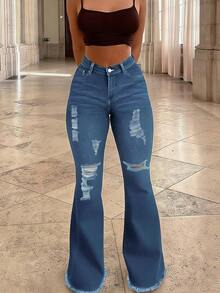 Jeans acampanados de tiro medio para mujer, pantalones acampanados de mezclilla elástica con dobladillo crudo y sexy, pantalones de moda casual - Lavado ligero - Ver 5