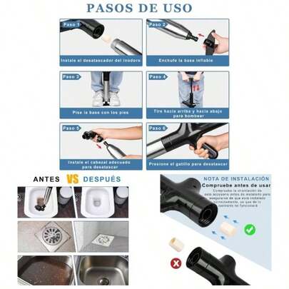 Kit Destapador de Bao 8 en 1 de Acero Inoxidable, Incluye Desatascador Inflable para Inodoros, Tuberas de Cocina y Lavabos+ Guantes de Limpieza Gratis