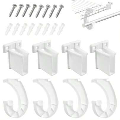 Hanging Closet Rod Support Kit 4Pcs 3 4" JShaped Rod Hangers And 4Pcs White Plastic Shelf Brackets For Cabinets Storage Curtains Easy Mounting With Screws Included