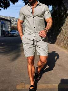 JMB Men's Simple Solid Color Short Sleeve Shirt And Shorts Set For Going Out - 淺灰色 - 查看 2