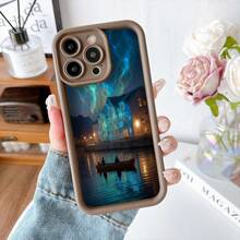 Cubierta de telefono con borde negro diseño de casa iluminada en noche con auroras boreales y barco en agua reflejante para uso diario y viajes - Negro - Ver 5