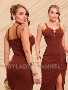 Midi Dress In Ribbed Cotton With Elastic Button, Side Slit, And Stylish For Summer. Women's Fashion. - Rust Brown - View 1