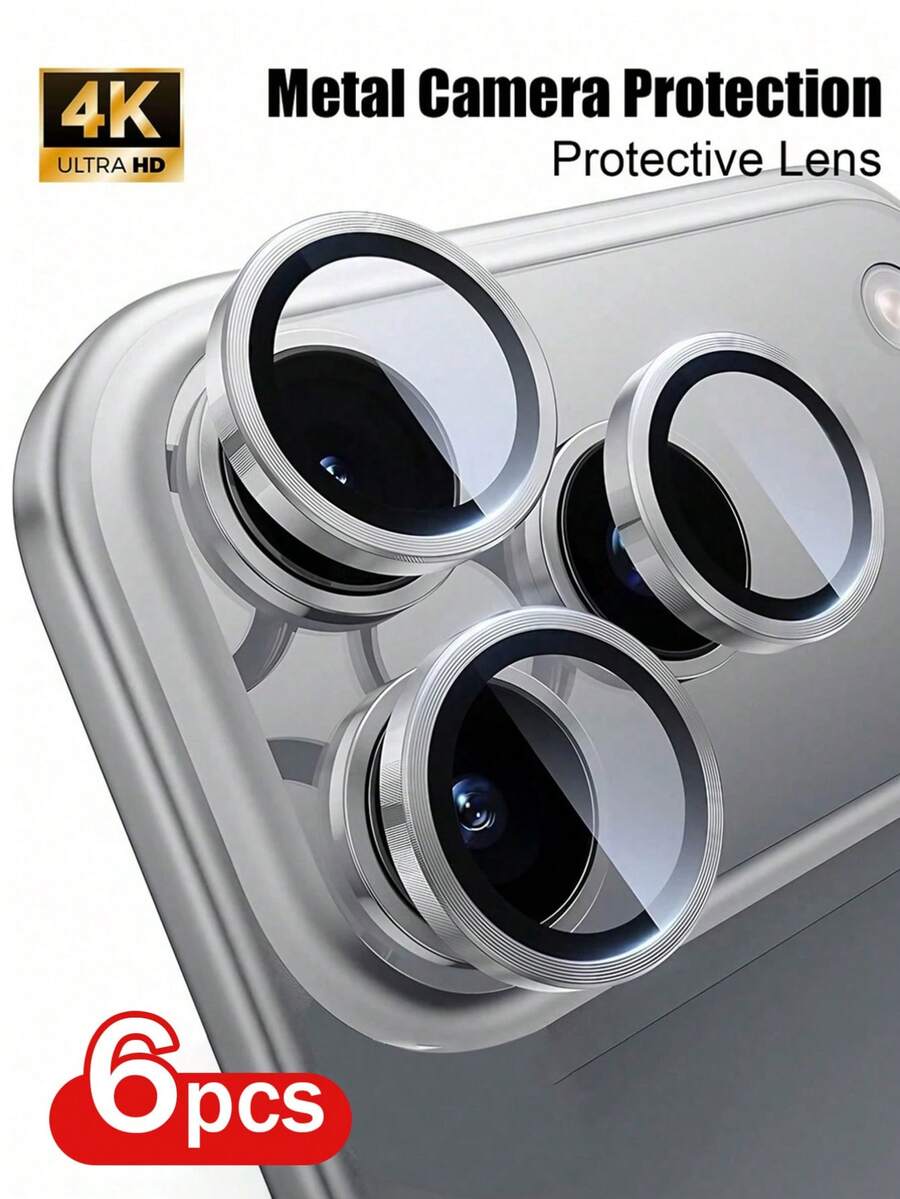 Yezodawee Bộ 6 miếng dán bảo vệ ống kính camera bằng kính cường lực siêu mỏng 9H kèm nắp bảo vệ camera bằng kim loại riêng biệt, màu bạc, tương thích với iPhone 17 Pro / 17 Pro Max, 16 Pro Max/15/14/13/12/11 - 6 chiếc - Xem 1