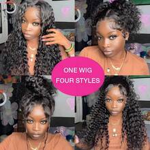 NARNI 36 Inch Invisible Strap 360 Lace Wigs Human Lace Wigs 250 Density Deep Wave Lace Front Wigs Human Hair Glueless 360 HD Full Lace Wig Pre Plucked Drawstring Wig Human Hair Brazilian 13x4 HD Curly Human Hair Wig For Women Natural Black Color - Natural Black - 查看 5