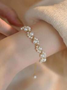 1 Pc Elegant Cat Claw Pearl Bracelet For Women Zirconia Splice Flower Minimalism Bilayer Classic Temperament Accessories Fashion Jewelry Gift