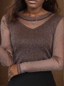 New Elegant Shiny Long Sleeve Loose Fit T-Shirt For Women, Versatile & Age-Reducing Casual Spring - Coffee Brown - View 5