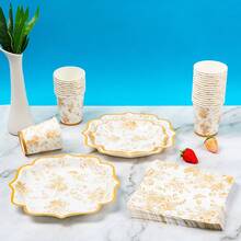 8pcs Yellow Porcelain Floral Disposable Plate, Napkin And Cup Set, Includes Plates, Napkins And Cups, Suitable For 8 Guests, Disposable Paper Plates Party Supplies For Birthday, Wedding, Theme Party, Family Picnic - Multicolor - View 5