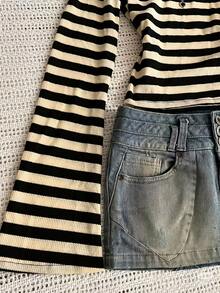 Women's Long Sleeve Fashionable Striped Patchwork Drawstring Off-Shoulder Top Spring - Black and Apricot - View 2