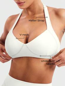 YEOREO Women Halter Sports Bra Light Support V Neck Padded Strappy Open Back Workout Gym Tops Y2K - trắng - Xem 3
