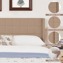 VECELO Adjustable Linen Queen Headboard With Wingback, Tufted Upholstered Design For King Or Queen Bed, Nailhead Trim,Beige - 米色 - 查看 2