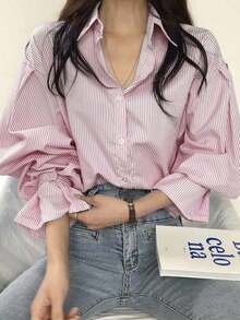 Women's Casual Unique Collar Striped Long Sleeve Loose Button-Up Blouse Shirt - Pink - View 1