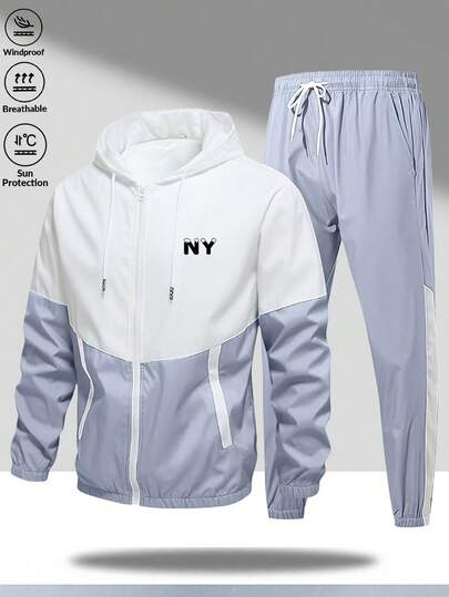 1 Conjunto Impresso de Agasalho Esportivo Casual e à Prova de Vento com Capuz, Outono/Inverno